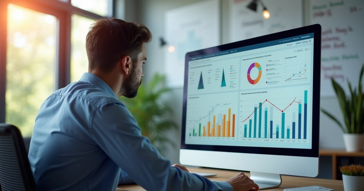 Empresário analisando dashboard de objetivos em tela grande