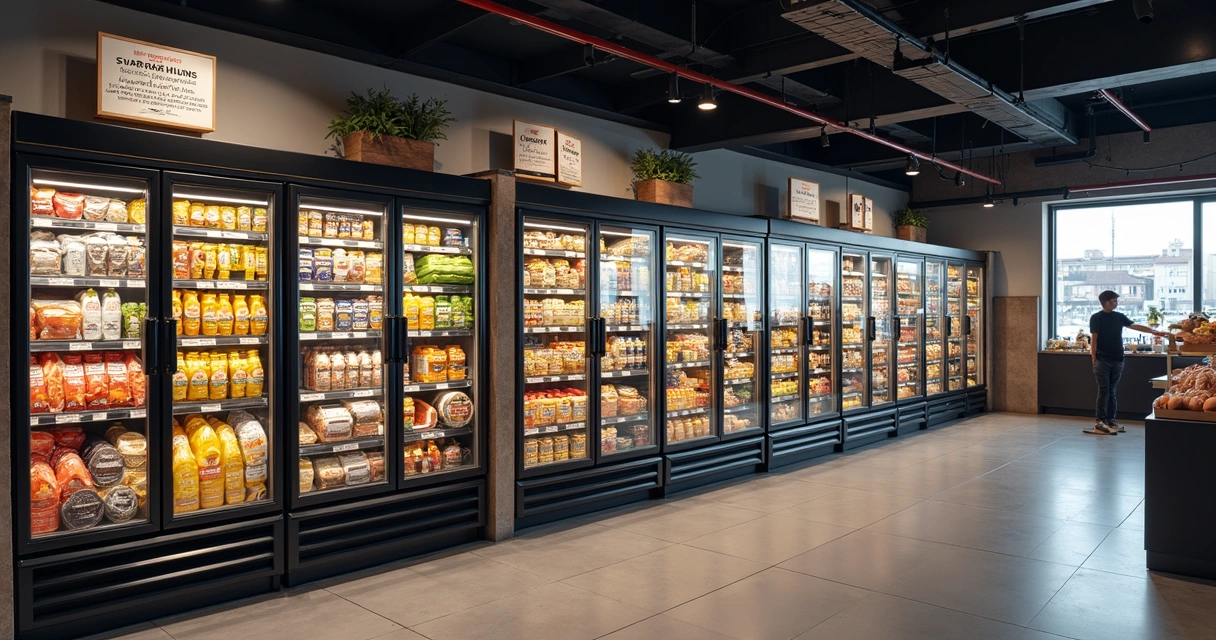 Produtos perecíveis bem organizados em balcão refrigerado de supermercado