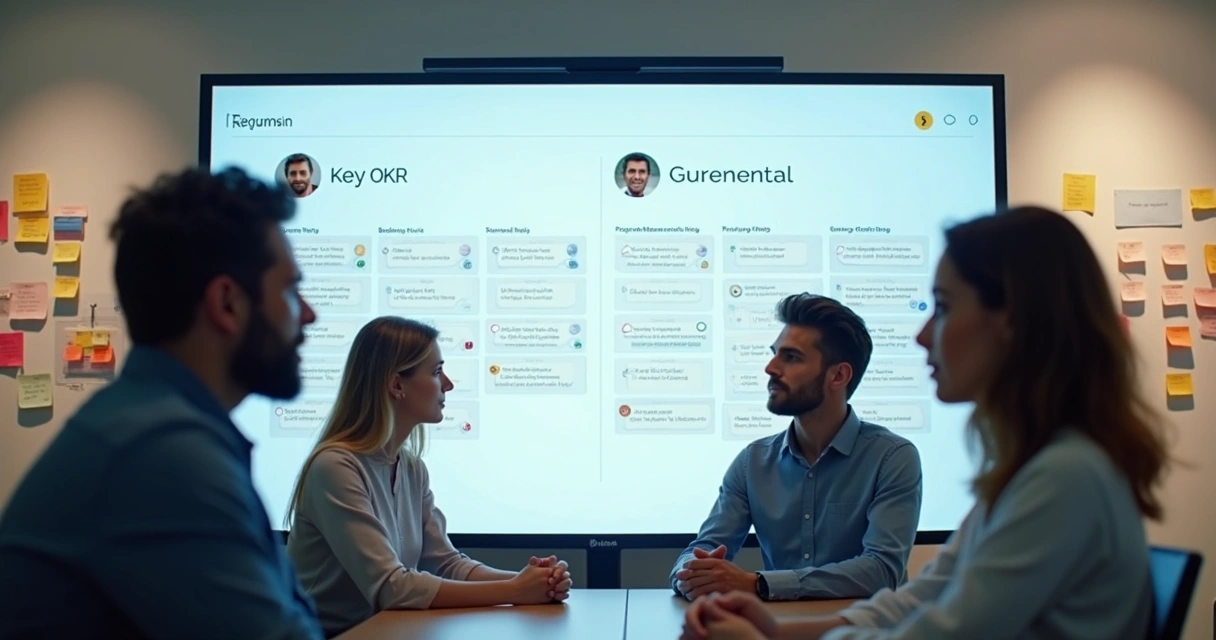 Quadro visual de OKRs enxutos em uma PME, com poucos objetivos e responsáveis claros.