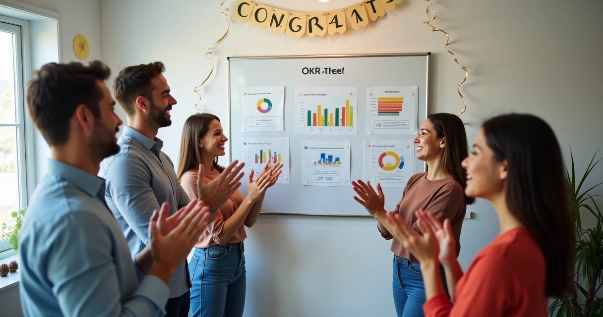 Pequena equipe comemorando conquista de metas na empresa