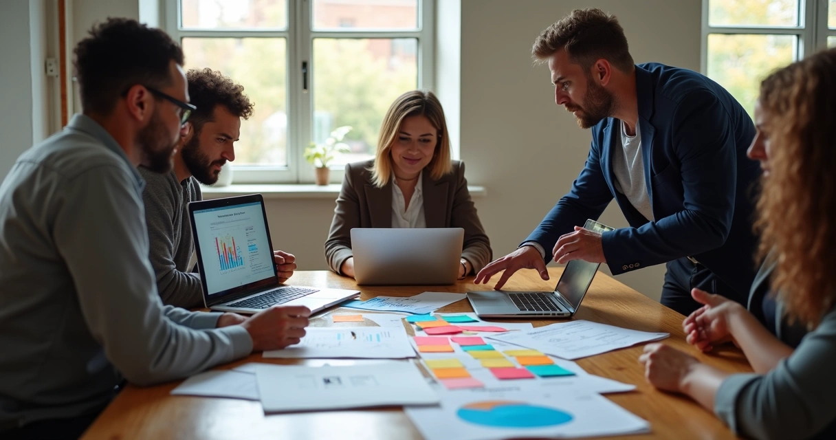 Equipe de PME reunida em volta de uma mesa discutindo OKRs em notebooks