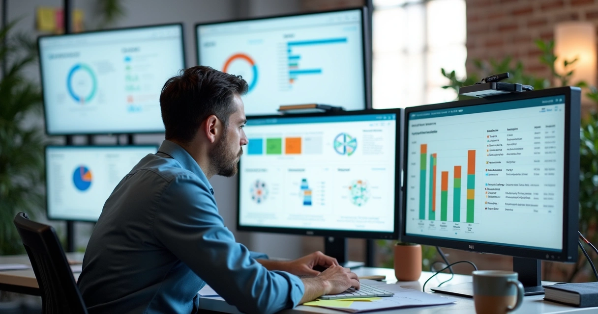 Consultor acompanhando diferentes dashboards de OKR em várias empresas