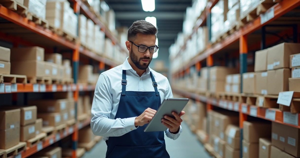 Gestor analisando prateleiras organizadas com produtos etiquetados