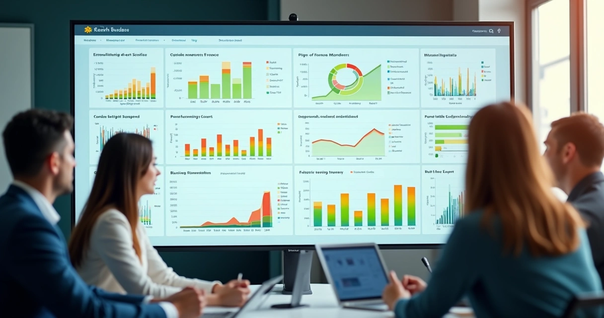 Dashboard digital exibindo progresso de metas em painel visual com indicadores coloridos