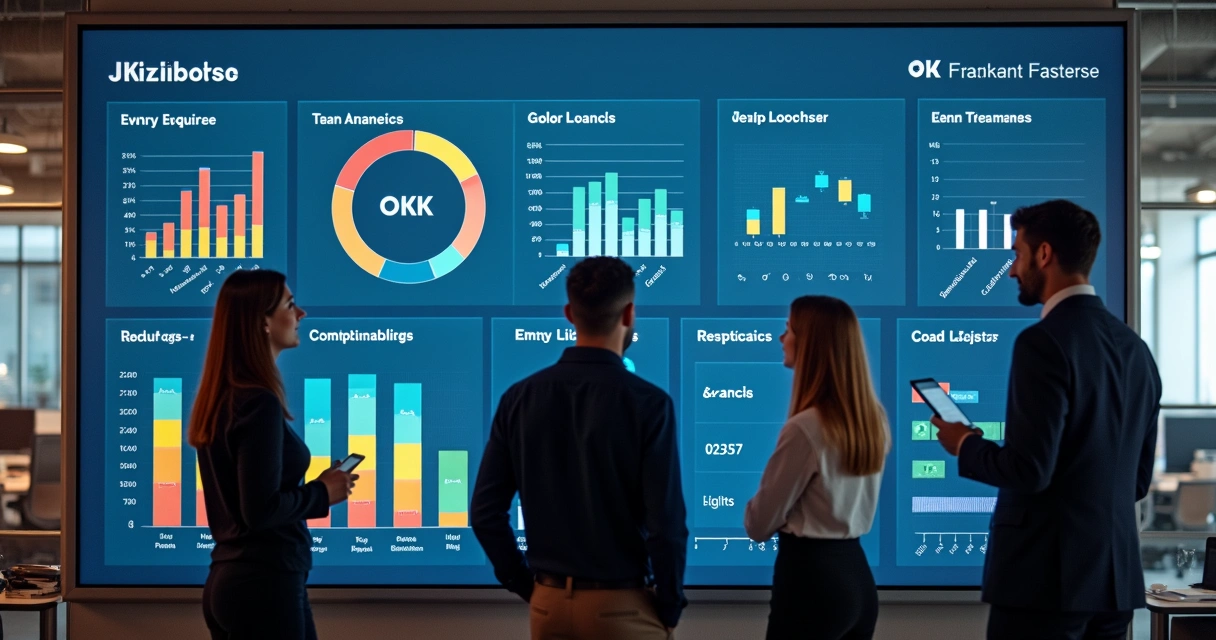 Painel em tela grande exibindo progresso de metas e gráficos coloridos, três pessoas analisando atentas