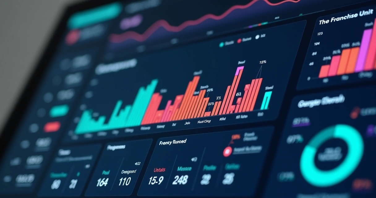 Dashboard digital mostrando progresso consolidado de diversas unidades e painel de metas