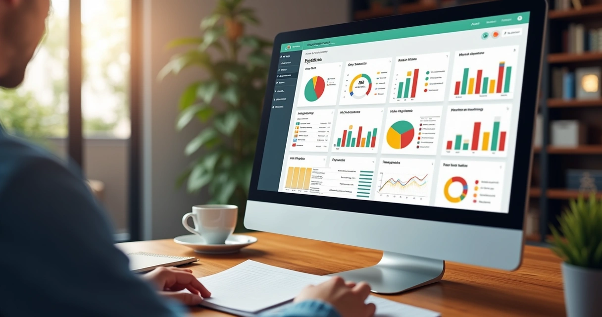 Dashboard colorido com painéis de OKR, indicadores e progresso em tempo real