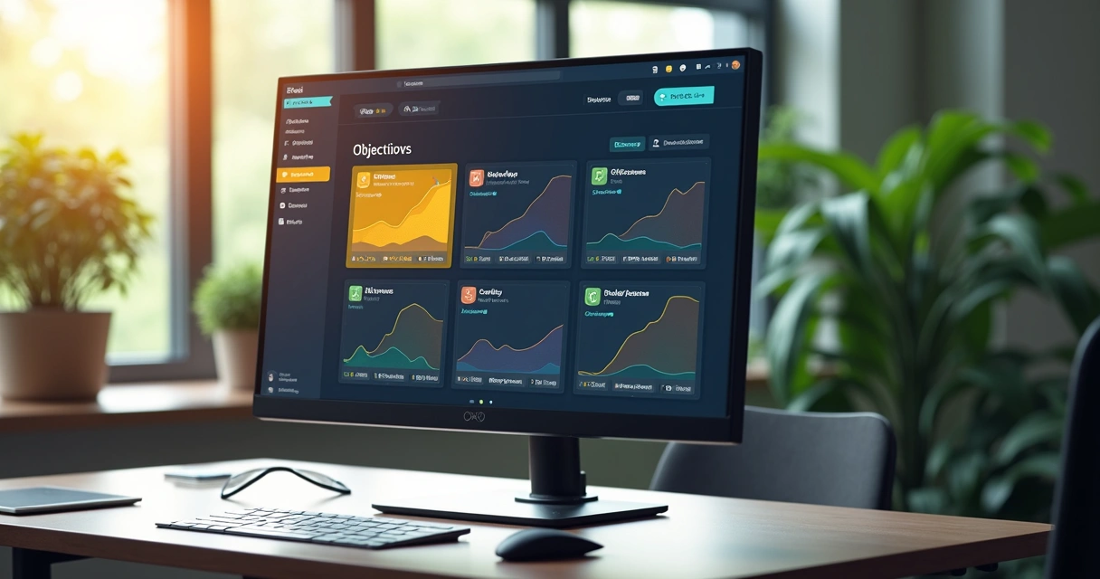 Dashboard de acompanhamento de objetivos exibindo progresso regular e avisos de desvio de ritmo