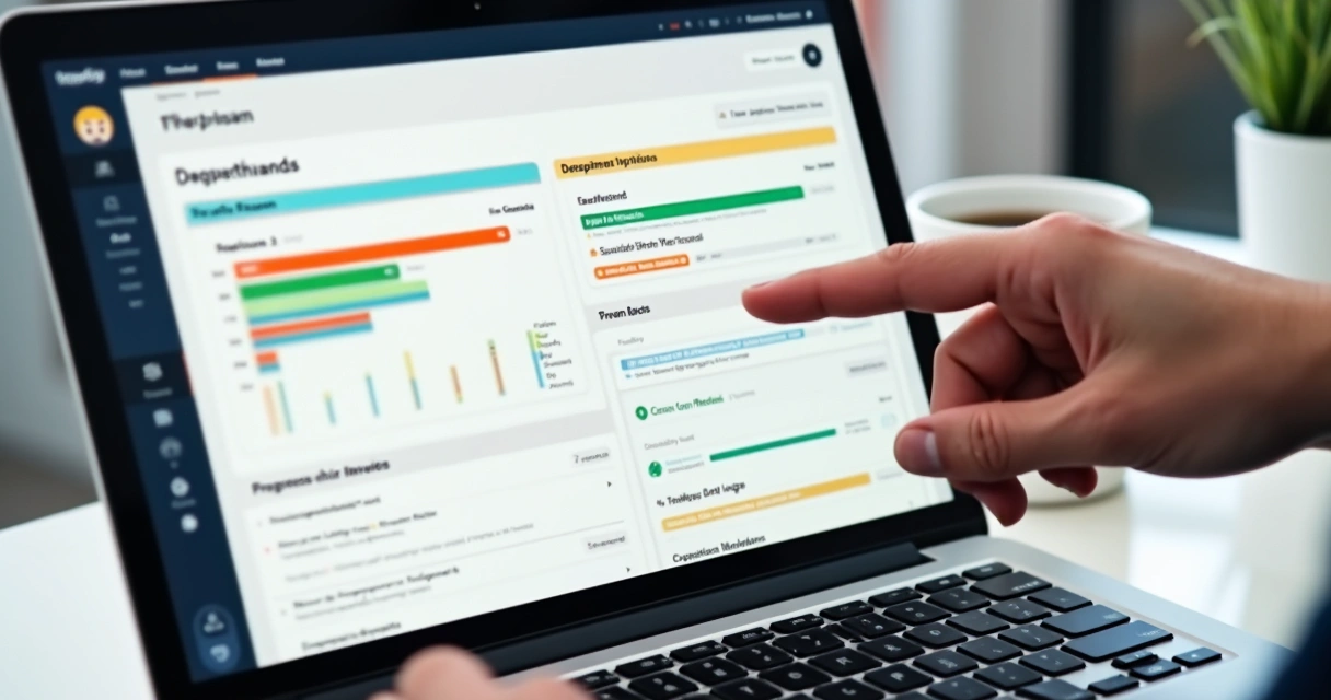 Dashboard de OKRs exibindo progresso das áreas no notebook