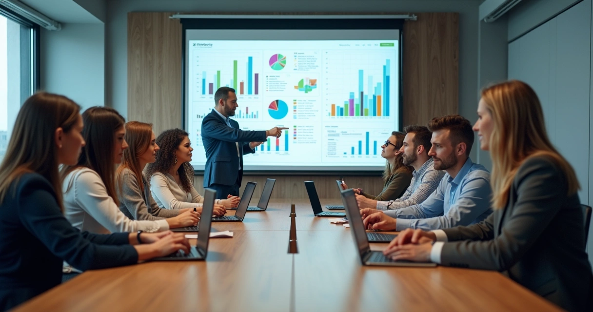 Equipe reunida em mesa discutindo plano estratégico com gráficos e laptops