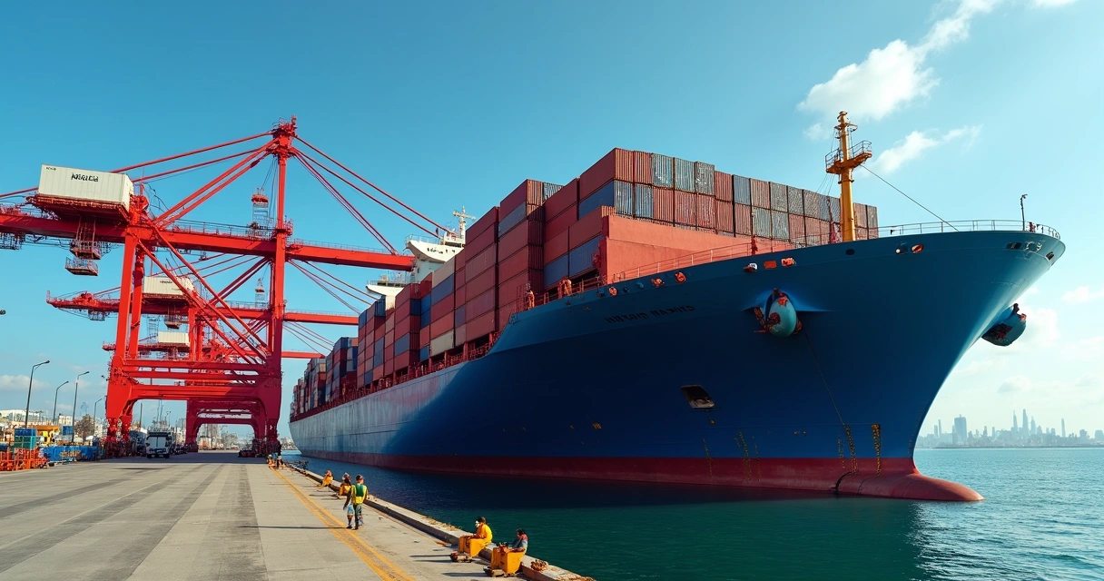 Cargas sendo embarcadas em navio no porto