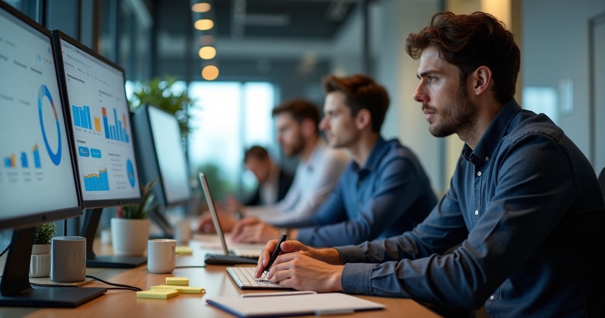 Gestor com equipe de PME focados na execução de OKRs