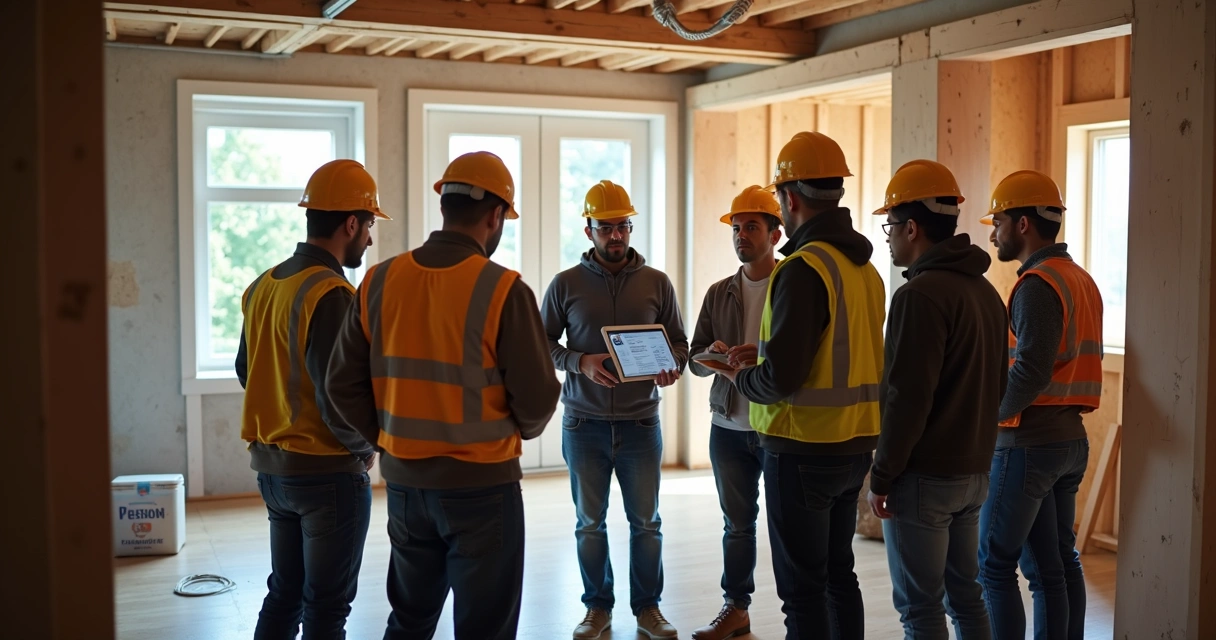 Equipe de construção discutindo tarefas no canteiro de obra residencial