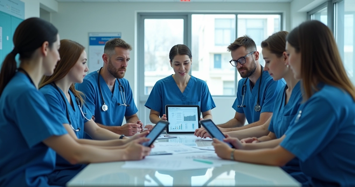 Equipe médica reunida em planejamento de metas na clínica cirúrgica