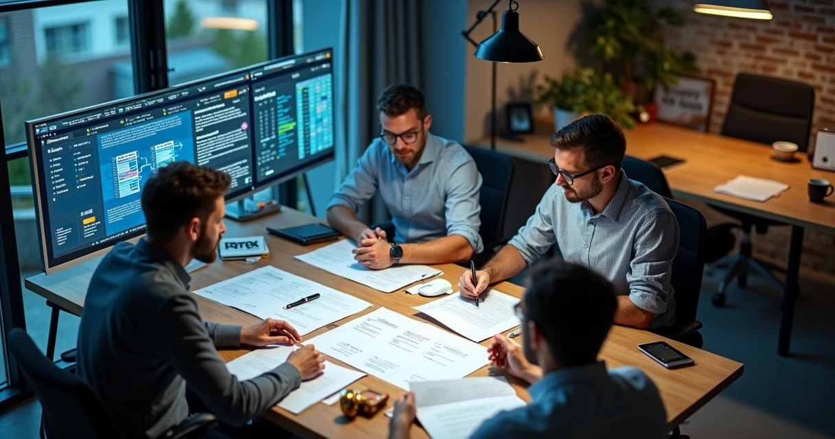 Equipe de compliance jurídico em fintech e indústria colaborando