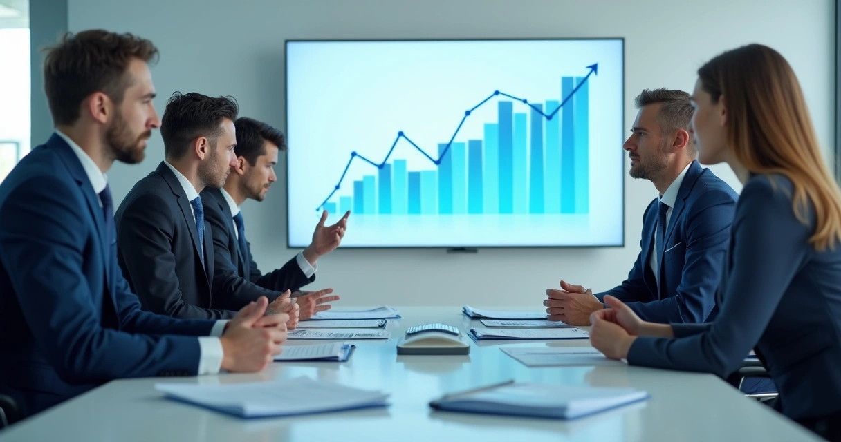 Equipe analisando expansão e gráficos de lucro estagnado