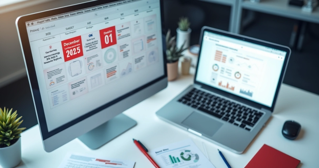 Calendário com data destacada e laptop mostrando alerta de encerramento