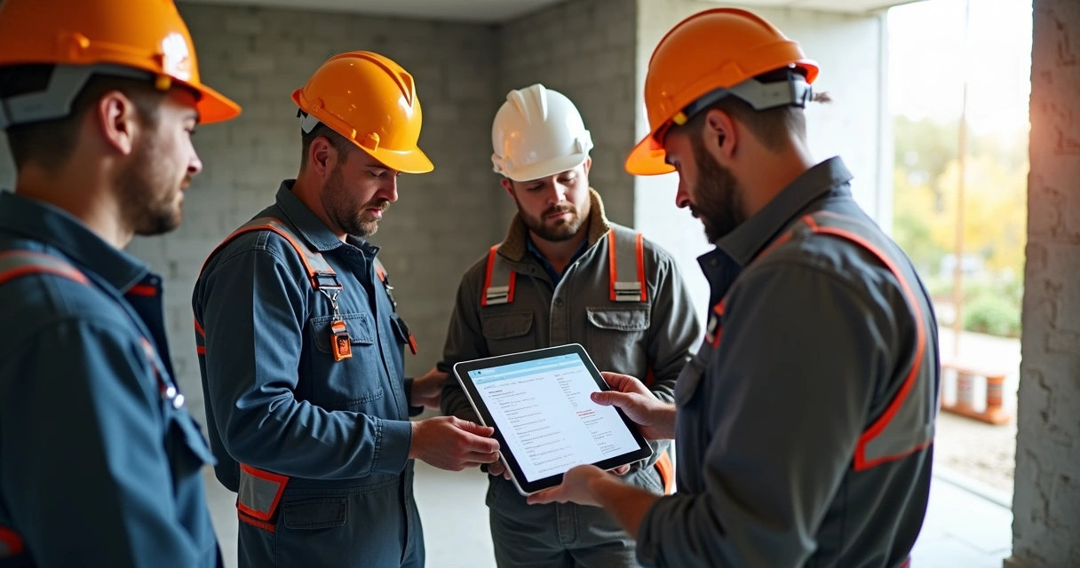Equipe de construção revisando metas e tarefas em obra de acabamento