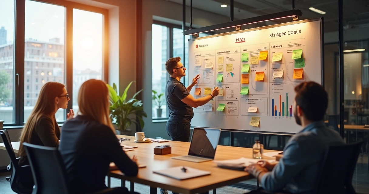 Equipe de pequena empresa reunida em frente a um quadro, analisando indicadores visuais de progresso de tarefas e metas