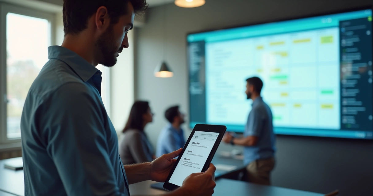 Gestor revisando check-in digital de equipe em ambiente de trabalho moderno