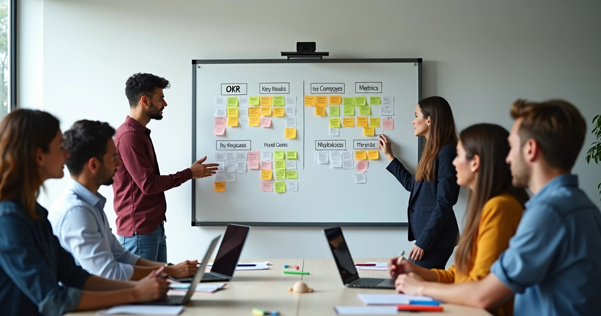 Grupo de colaboradores discutindo OKRs em sala moderna com quadro branco