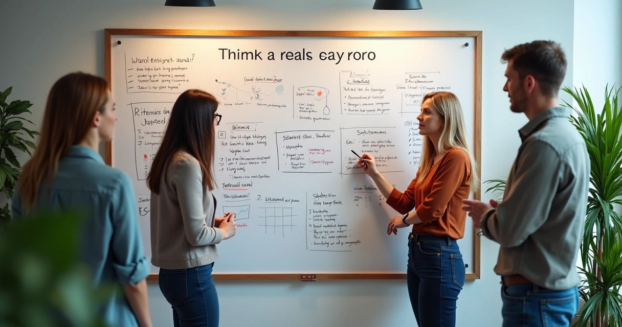 Colegas de uma PME reunidos ao redor de um quadro branco com anotações sobre lições aprendidas de OKR, ambiente claro, expressões de reflexão e colaboração