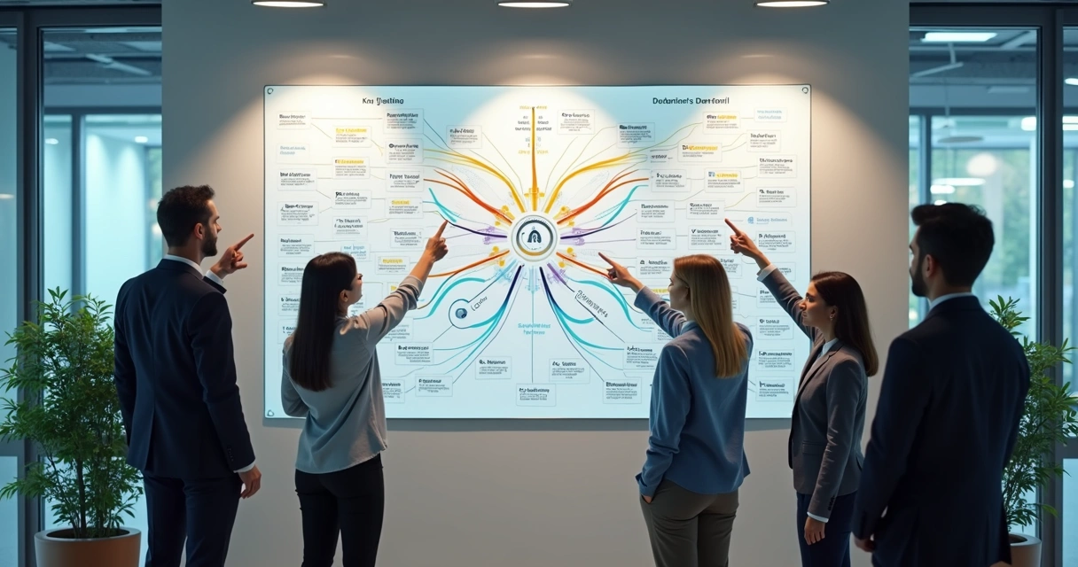 Mapa visual de alinhamento de OKRs conectando áreas da empresa