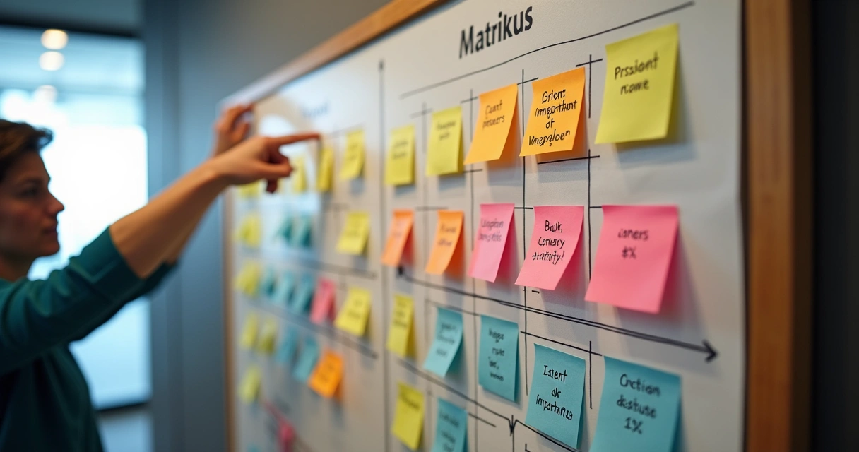 Quadro com matriz de prioridades urgente/importante com post-its coloridos