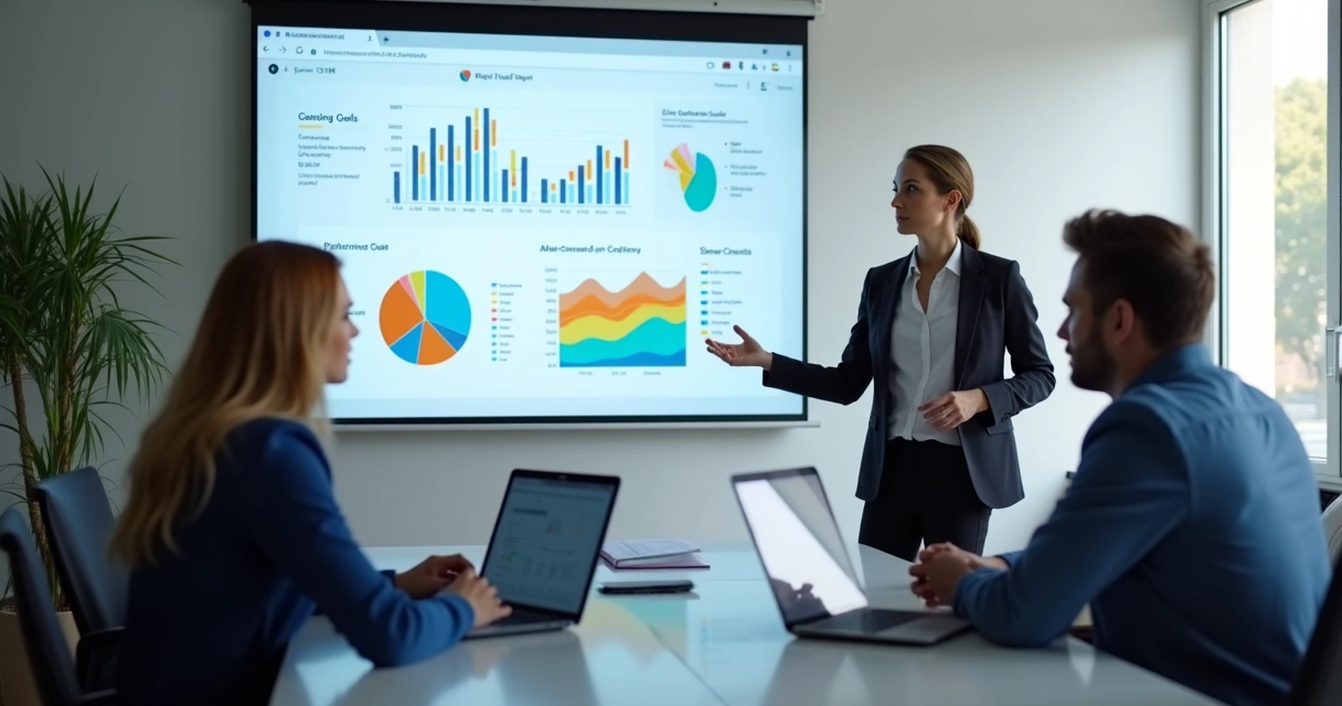 Diretor de PME apresenta gráficos de metas alinhadas ao time em reunião