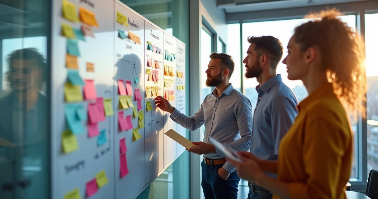Várias pessoas de uma PME em reunião conectando post-its coloridos em um quadro de OKRs