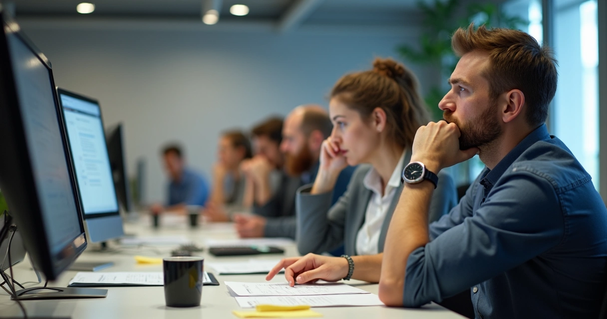 Equipe em escritório com expressões cansadas, olhando para telas de computador