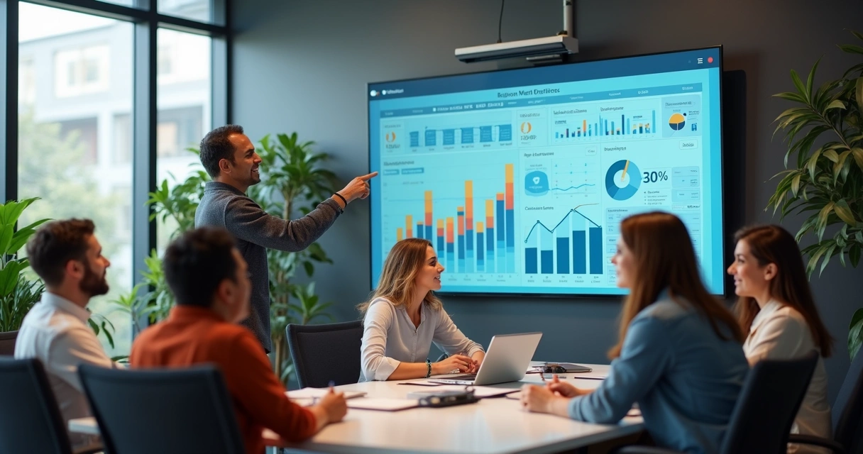 Equipe reunida analisando um painel de métricas e OKRs