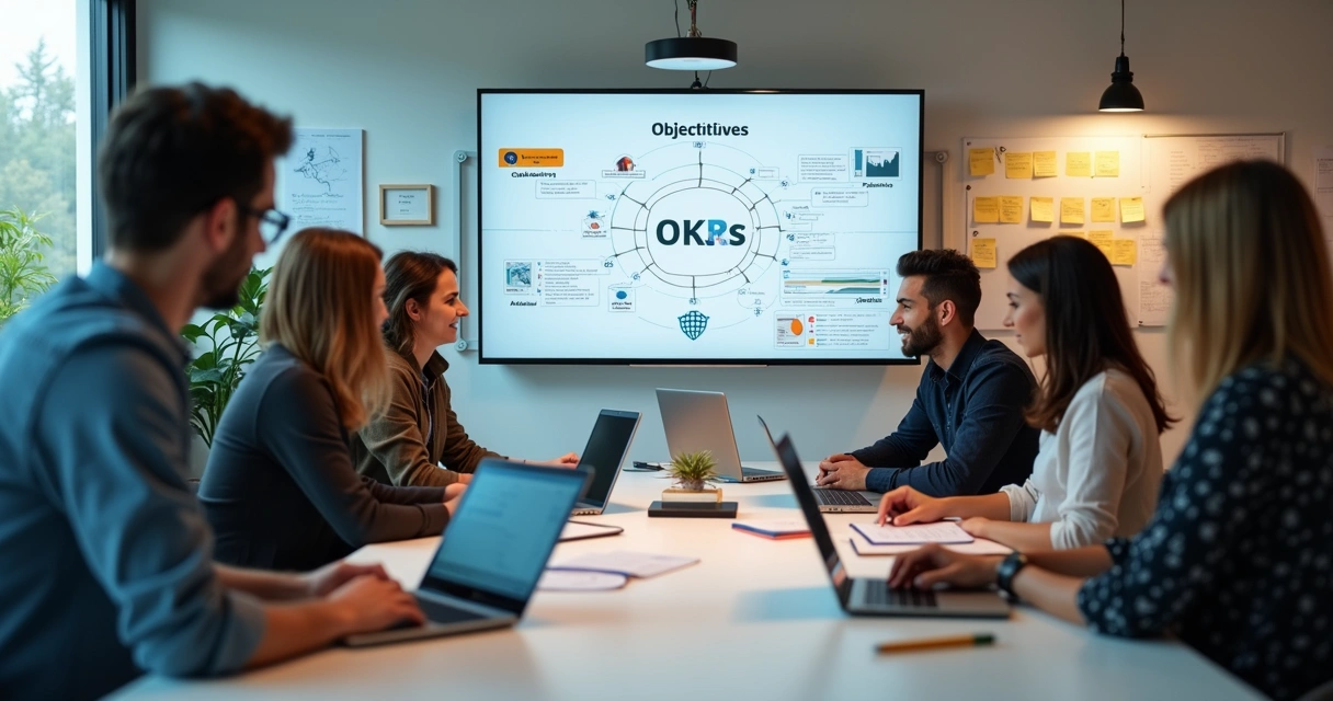 Equipe reunida discutindo objetivos e métricas em sala de reunião