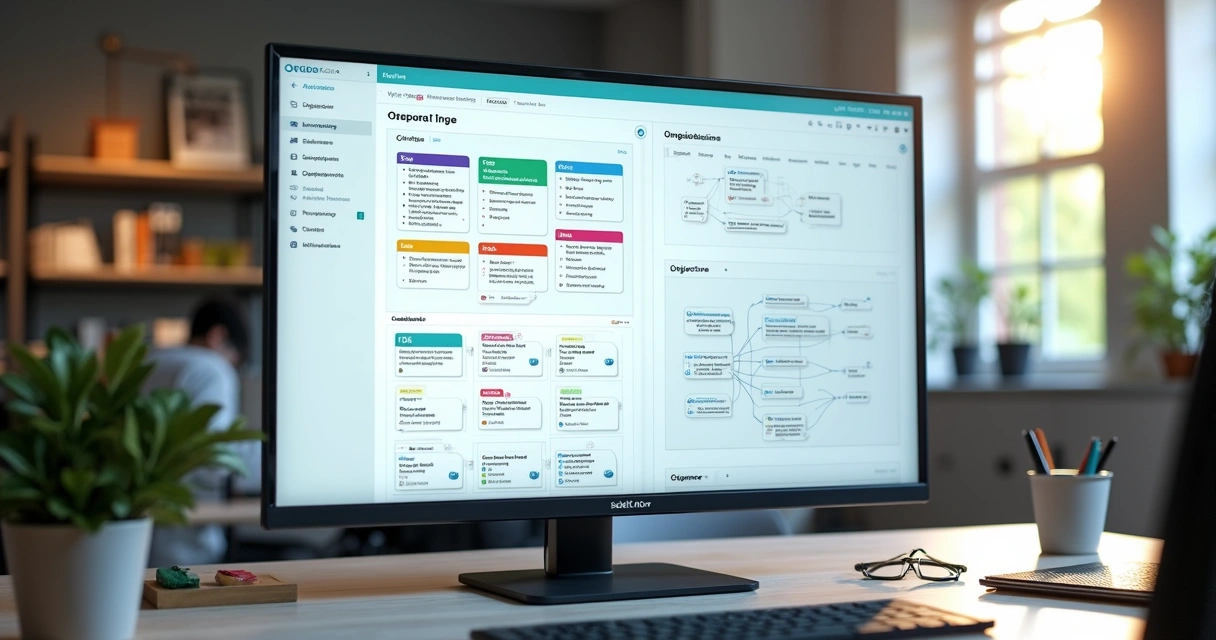 Dashboard moderno mostrando board Kanban e árvore de OKRs