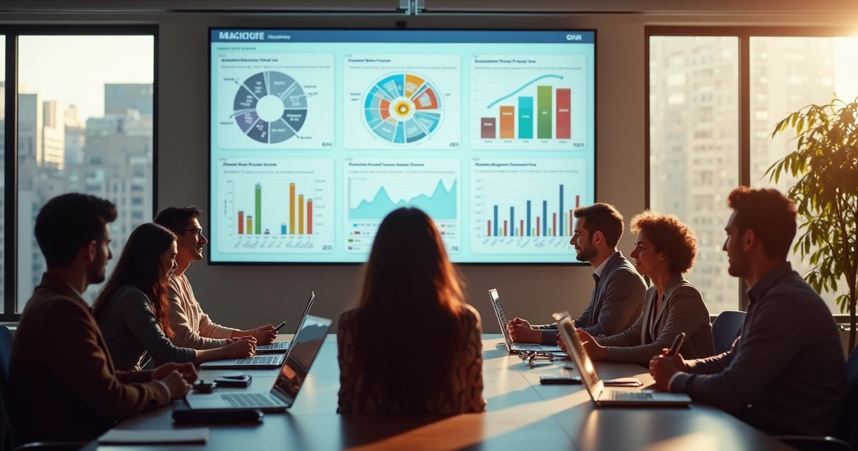 Equipe de colaboradores olhando para um dashboard com OKRs na tela