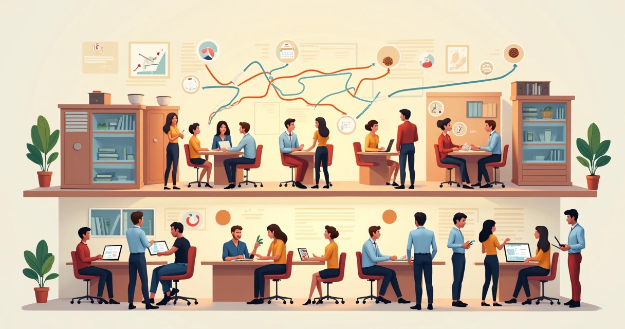Ilustração colorida de duas camadas de metas: rede conectando várias unidades com objetivos alinhados, e equipes das unidades definindo metas locais