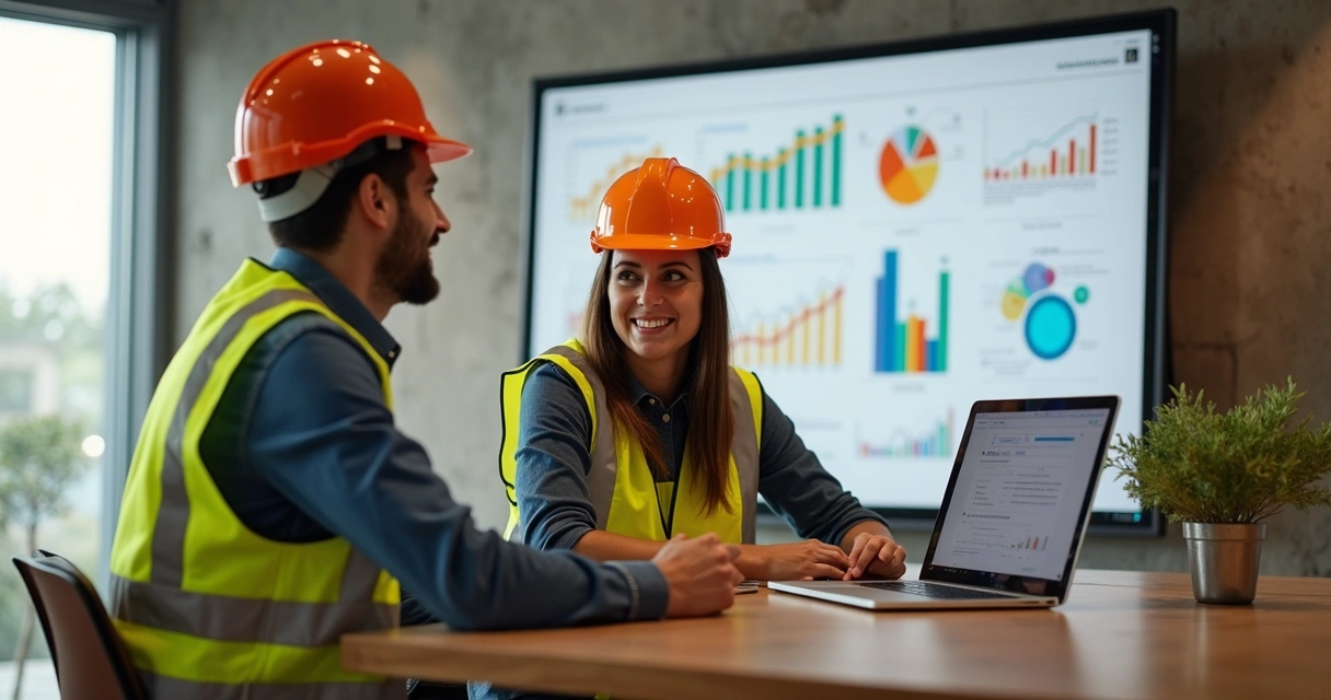Gestores analisando OKRs em painel digital de obras residenciais