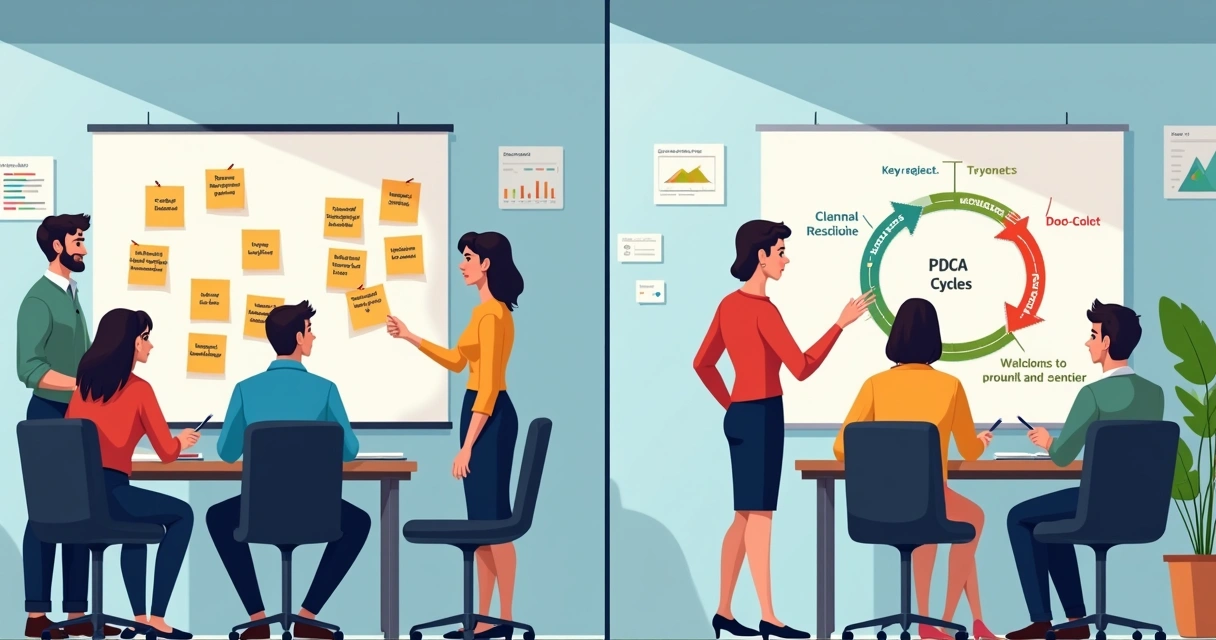 Comparação visual entre planos detalhados de ação do 5W2H e o ciclo circular do PDCA em ambientes de escritório