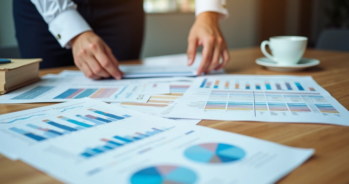Planejamento financeiro de PME com papéis, gráficos e notas de reunião