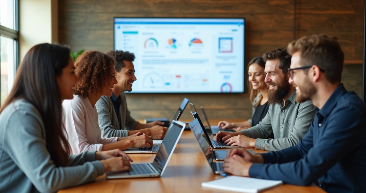 Equipe de PME reunida usando computador para check-in de metas