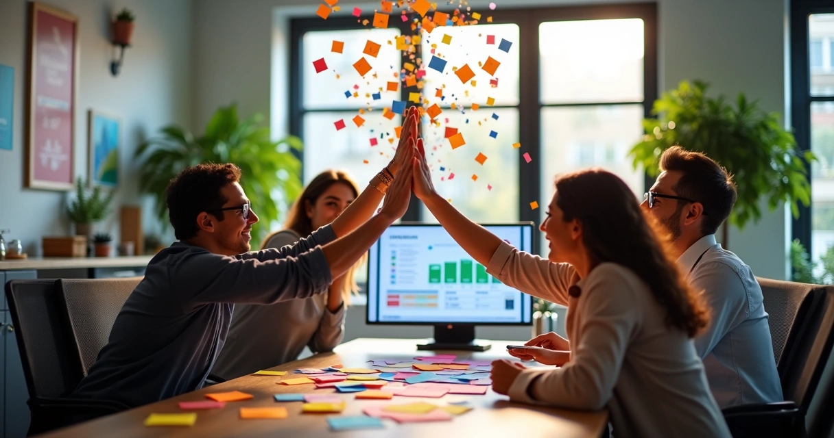 Equipe de PME comemorando juntos pelo bom andamento de um ciclo
