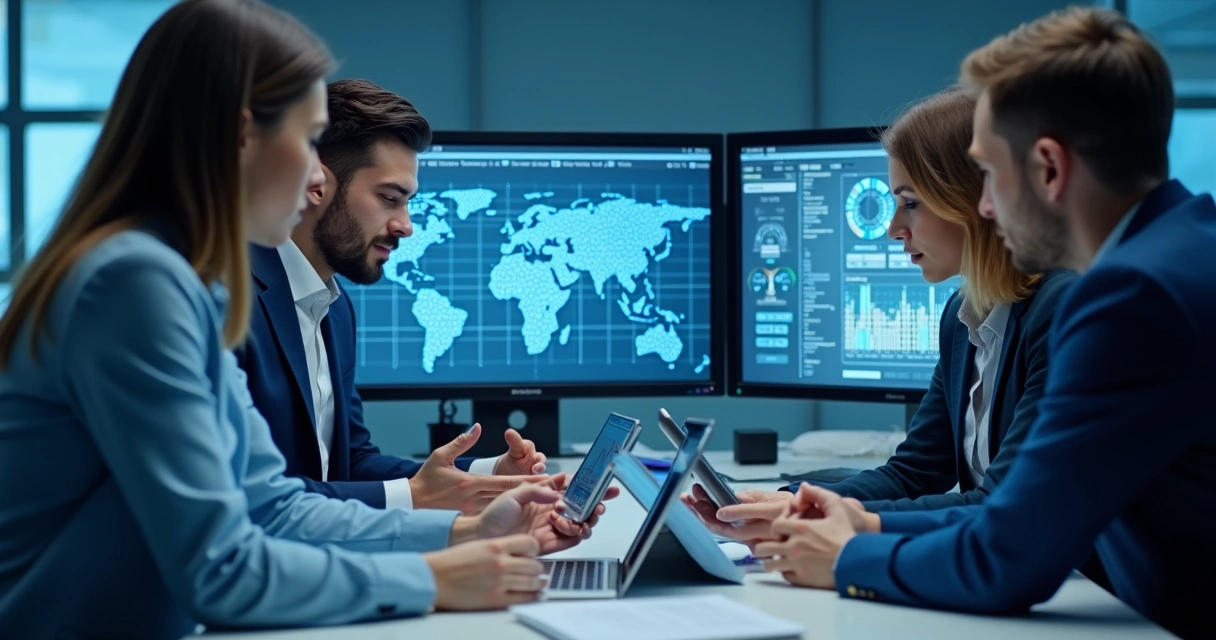 Equipe conferindo integrações digitais em telas de computador e tablet