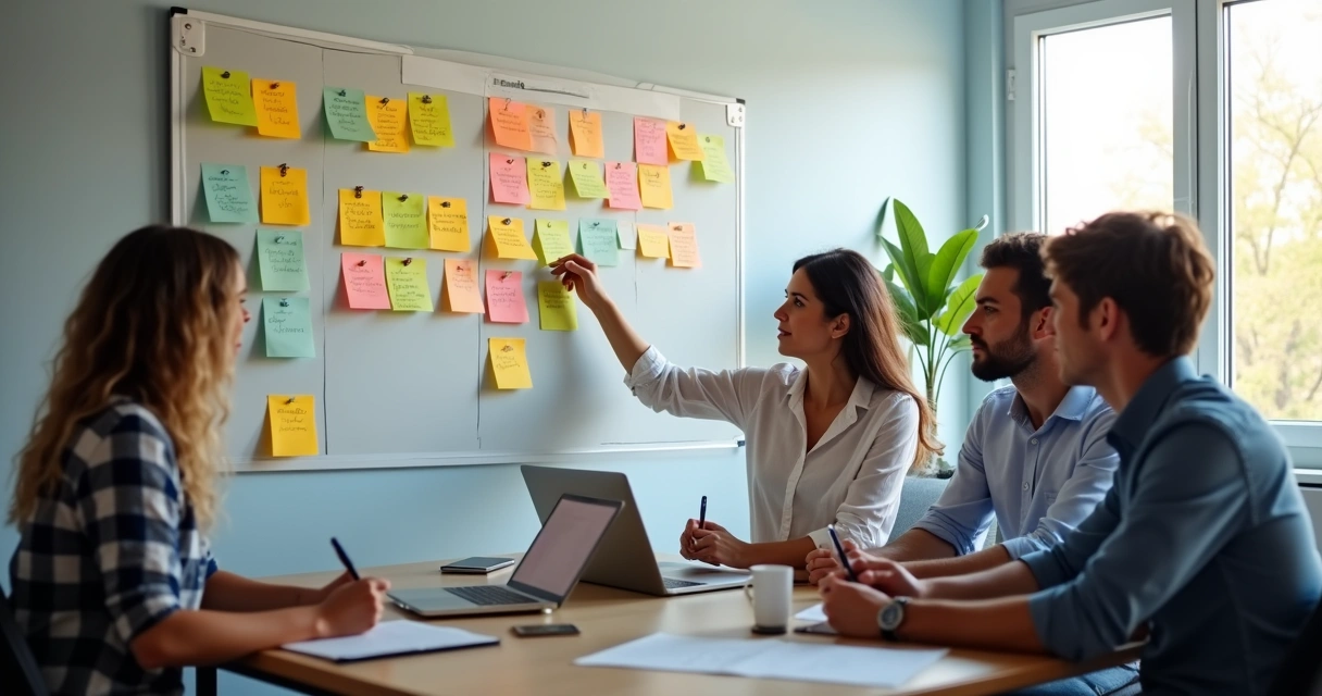 Equipe reunida ao redor de uma mesa revisando tarefas em um quadro com post-its