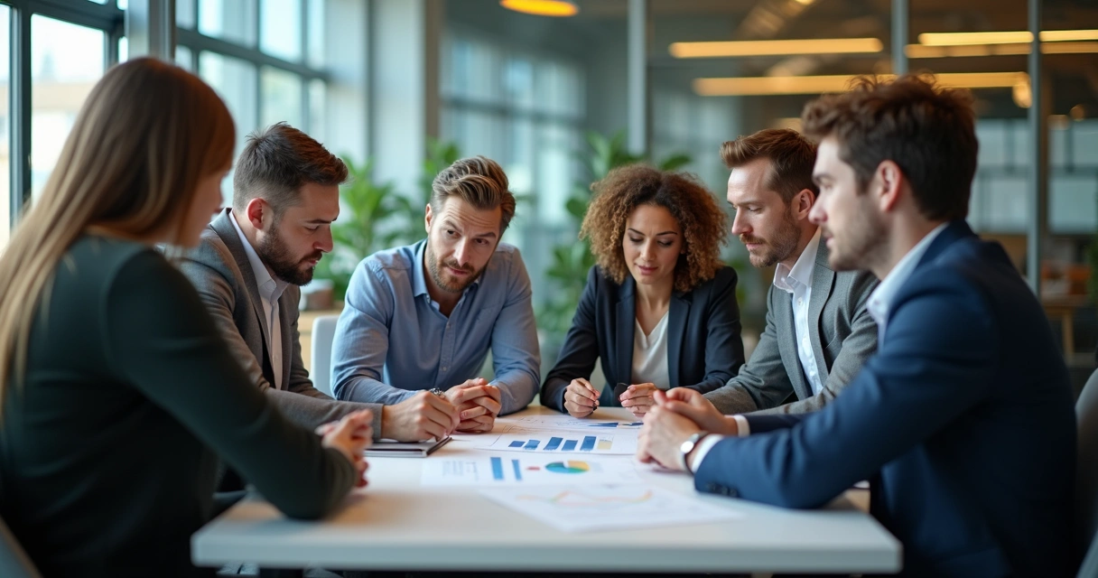 Equipe em uma reunião em empresa crescida, uns olhando gráficos, outros olhando para baixo, ambiente moderno.