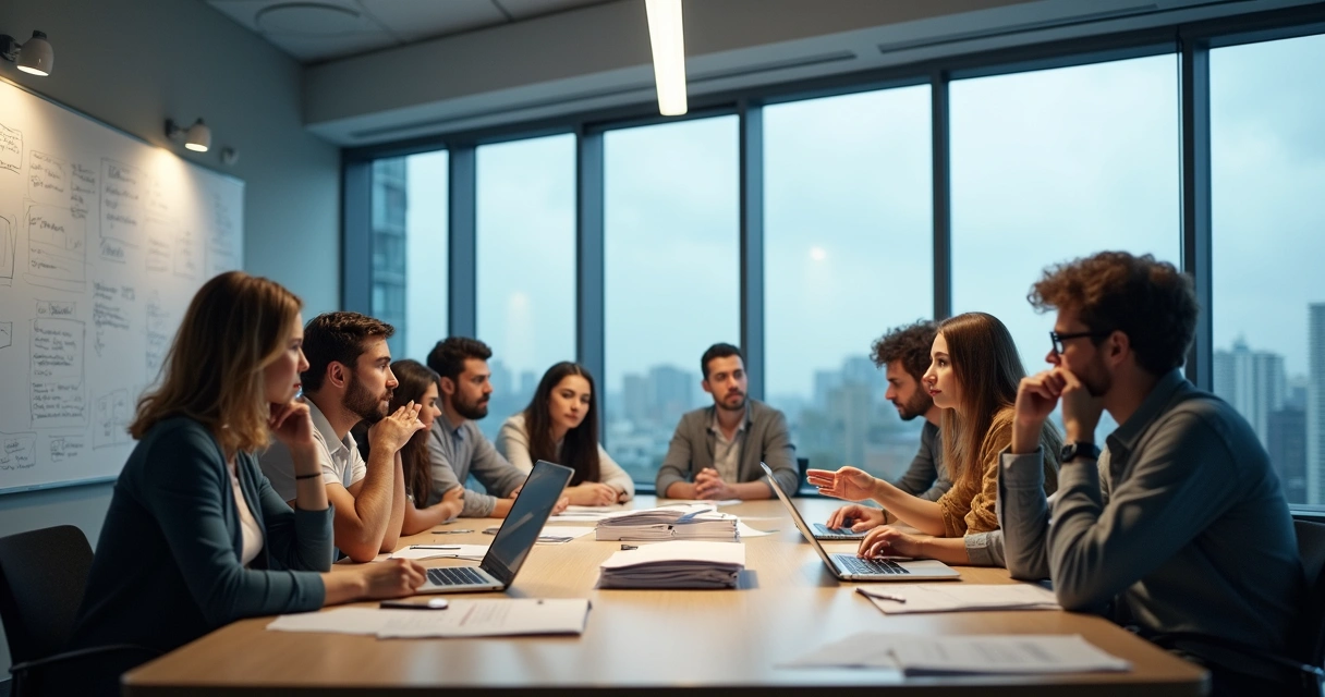 Reunião de equipe com expressões confusas, planilhas e papéis sobre a mesa