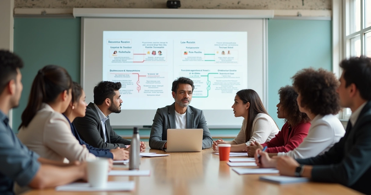 Equipe escolar discutindo metas em reunião, quadro branco com anotações