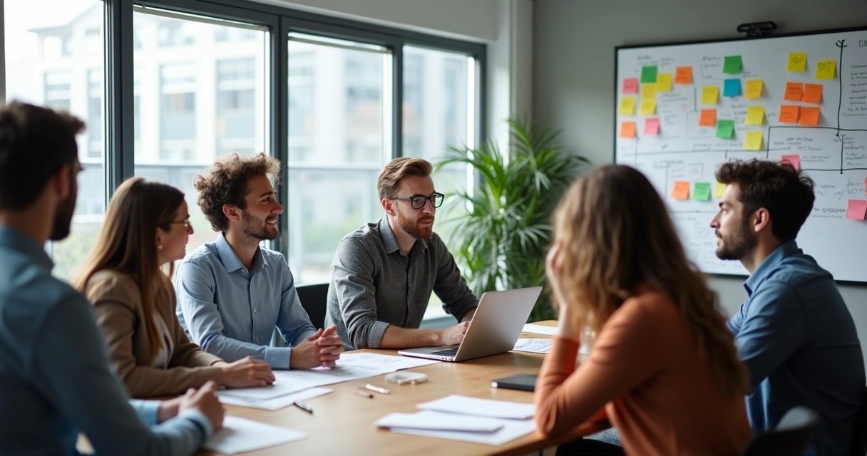 Reunião entre gestores de PME planejando ações diante de metas atrasadas, papéis, notebook e quadro de tarefas