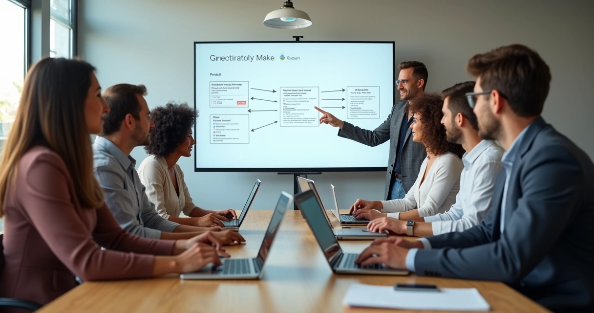 Equipe de PME reunida numa mesa com notebooks, visualizando fluxos de tarefas em quadro digital