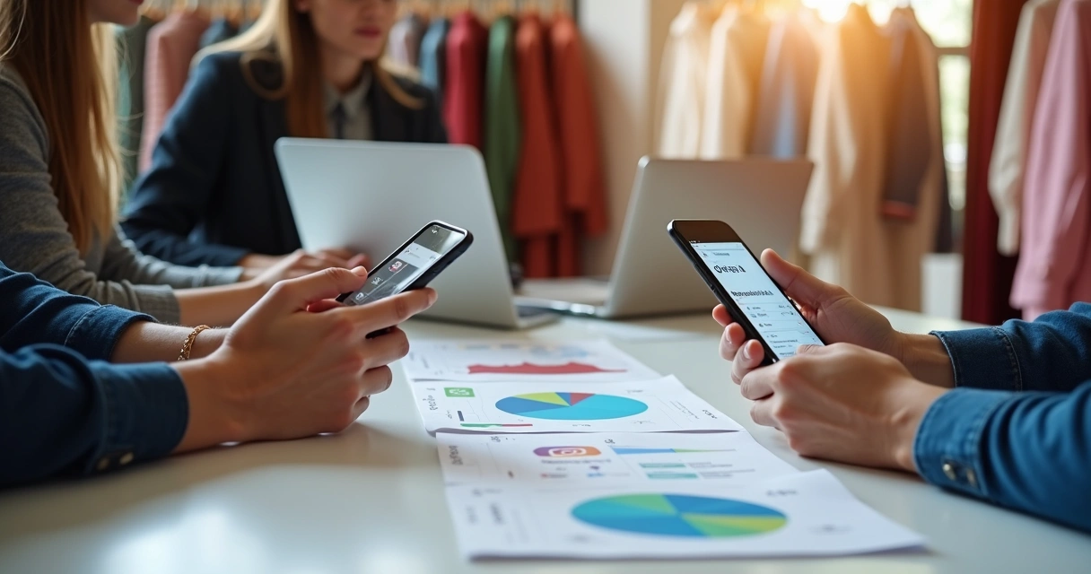 Equipe analisando resultados de social commerce com celulares e gráficos de vendas