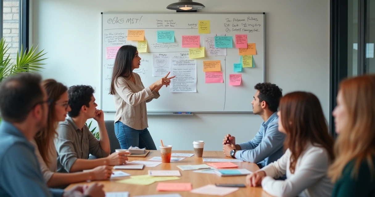 Facilitador conduzindo workshop de OKRs com quadro branco e equipe atenta